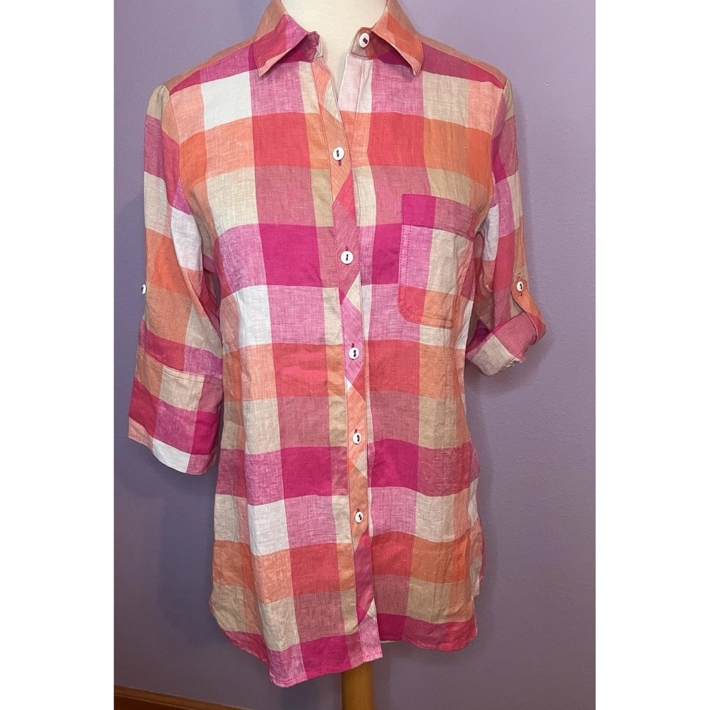 Foxcroft Pink Orange Easy Care Plaid Gingham Roll Sleeves Linen Blouse 4 Small